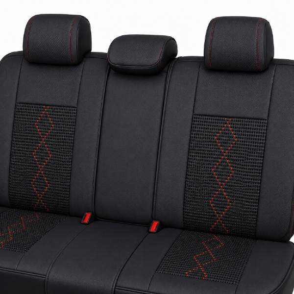 Huse auto premium 5 locuri Carguard Deluxe piele ecologică perforată și textil - negru - rosu închis