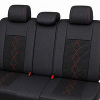 Huse auto premium 5 locuri Carguard Deluxe piele ecologică perforată și textil - negru - rosu închis