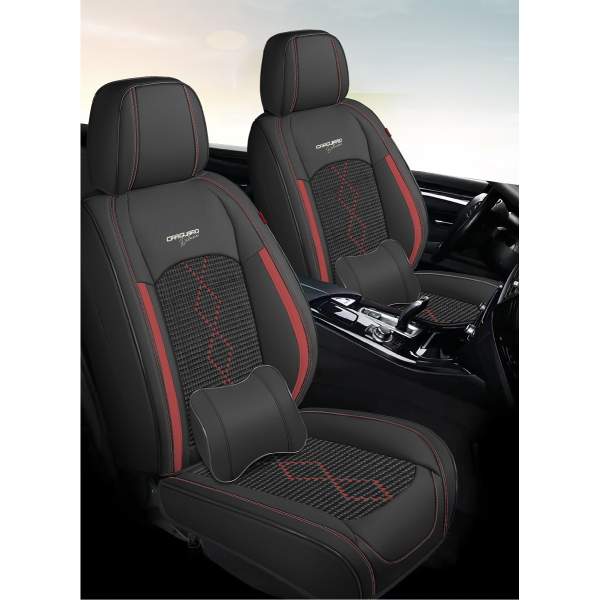 Huse auto premium 5 locuri Carguard Deluxe piele ecologică perforată și textil - negru - rosu închis
