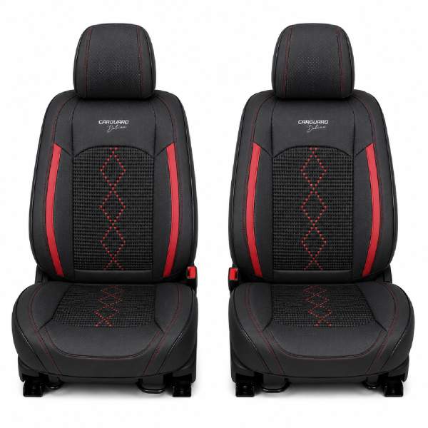 Huse auto premium 5 locuri Carguard Deluxe piele ecologică perforată și textil - negru - rosu închis