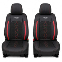 Huse auto premium 5 locuri Carguard Deluxe piele ecologică perforată și textil - negru - rosu închis