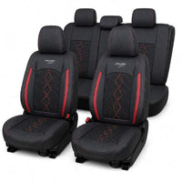Huse auto premium 5 locuri Carguard Deluxe piele ecologică perforată și textil - negru - rosu închis