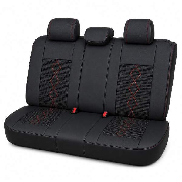 Huse auto premium 5 locuri Carguard Deluxe piele ecologică perforată și textil - negru - rosu închis