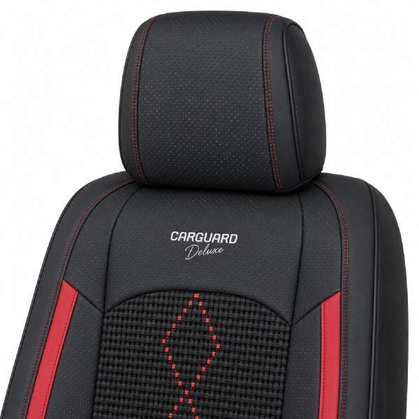 Huse auto premium 5 locuri Carguard Deluxe piele ecologică perforată și textil - negru - rosu închis