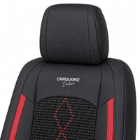 Huse auto premium 5 locuri Carguard Deluxe piele ecologică perforată și textil - negru - rosu închis