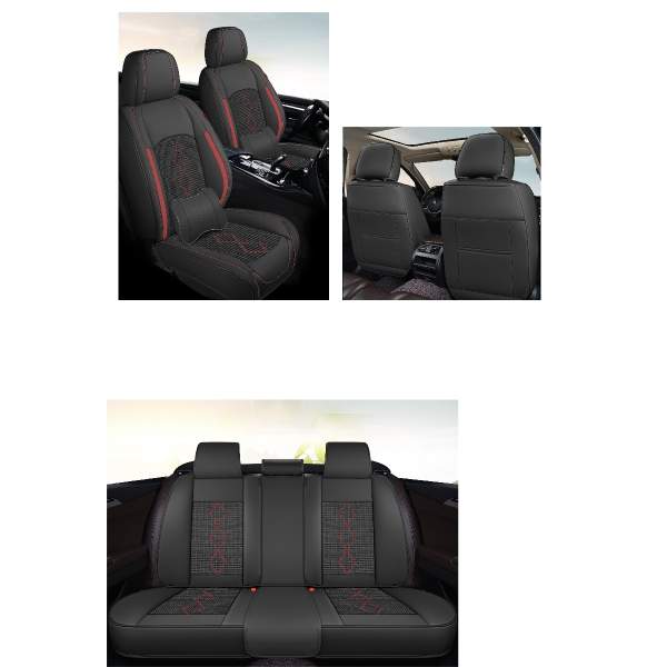 Huse auto premium 5 locuri Carguard Deluxe piele ecologică perforată și textil - negru - rosu închis