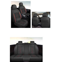 Huse auto premium 5 locuri Carguard Deluxe piele ecologică perforată și textil - negru - rosu închis