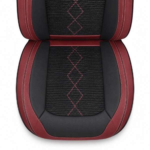 Huse auto premium 5 locuri Carguard Deluxe piele ecologică perforată și textil - roșu închis - negru