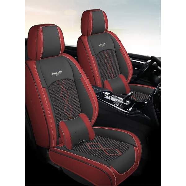Huse auto premium 5 locuri Carguard Deluxe piele ecologică perforată și textil - roșu închis - negru