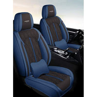 Huse auto premium 5 locuri Carguard Deluxe piele ecologică perforată - albastru inchis - negru