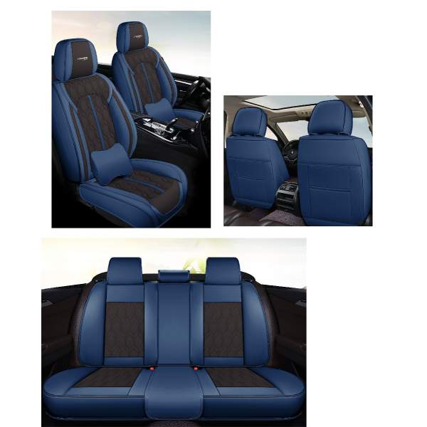 Huse auto premium 5 locuri Carguard Deluxe piele ecologică perforată - albastru inchis - negru