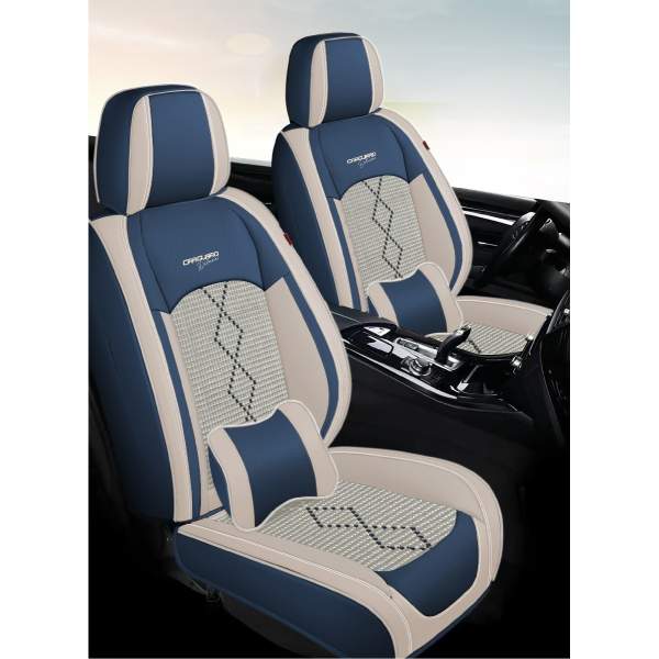 Huse auto premium 5 locuri Carguard Deluxe piele ecologică perforată și textil - albastru - alb