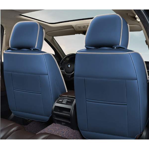 Huse auto premium 5 locuri Carguard Deluxe piele ecologică perforată și textil - albastru - alb