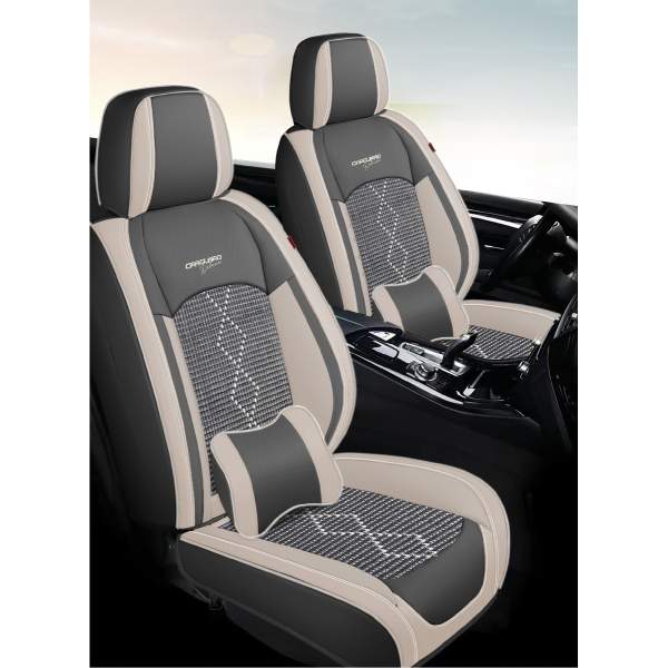Huse auto premium 5 locuri Carguard Deluxe piele ecologică perforată și textil  - gri deschis - gri inchis