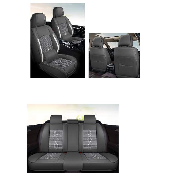 Huse auto premium 5 locuri Carguard Deluxe piele ecologică perforată și textil - negru - alb