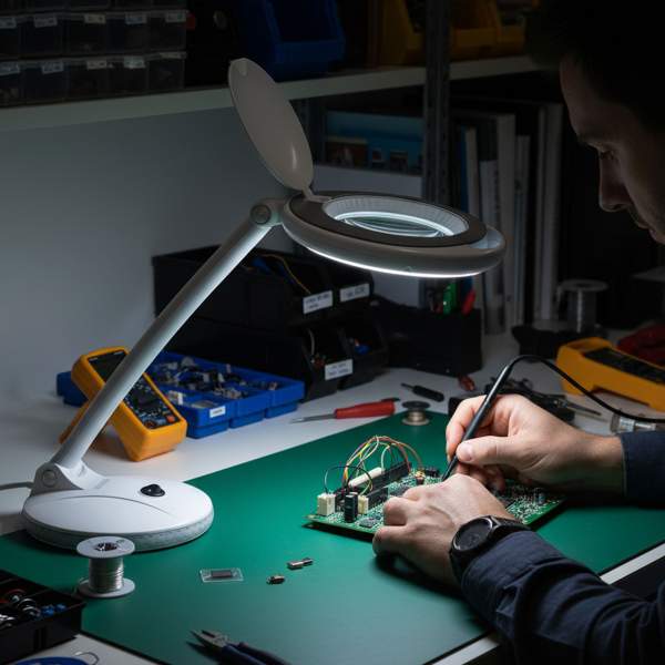 Lampă LED cu lupă – 4” (100 mm), 6W, 450 lumeni, braț reglabil, prindere de birou