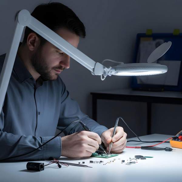 Lampă LED cu lupă – 5” (130 mm), 9W, 800 lumeni, braț reglabil, prindere de birou