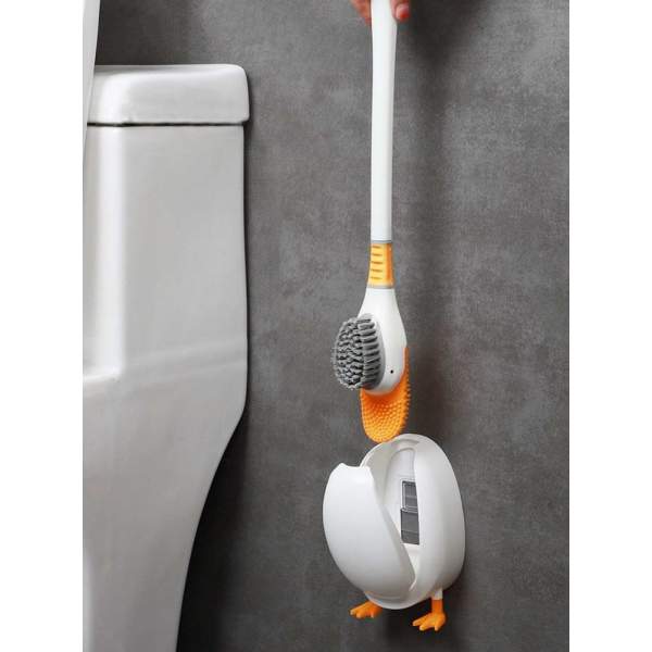 Perie de toaletă în formă de rață cu suport - portocaliu/alb