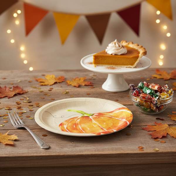 Set 12 farfurii de hârtie – model dovleac – 2 dimensiuni (230 / 180 mm)