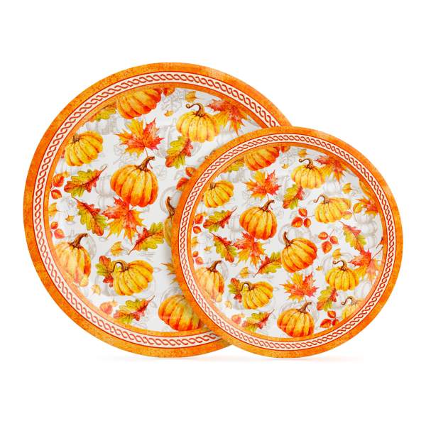 Set 12 farfurii de hârtie – model dovleac și frunză – 2 dimensiuni (230 / 180 mm)