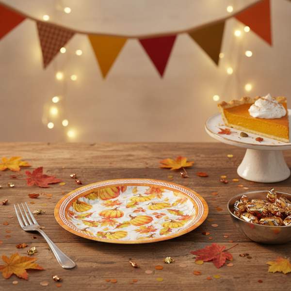 Set 12 farfurii de hârtie – model dovleac și frunză – 2 dimensiuni (230 / 180 mm)