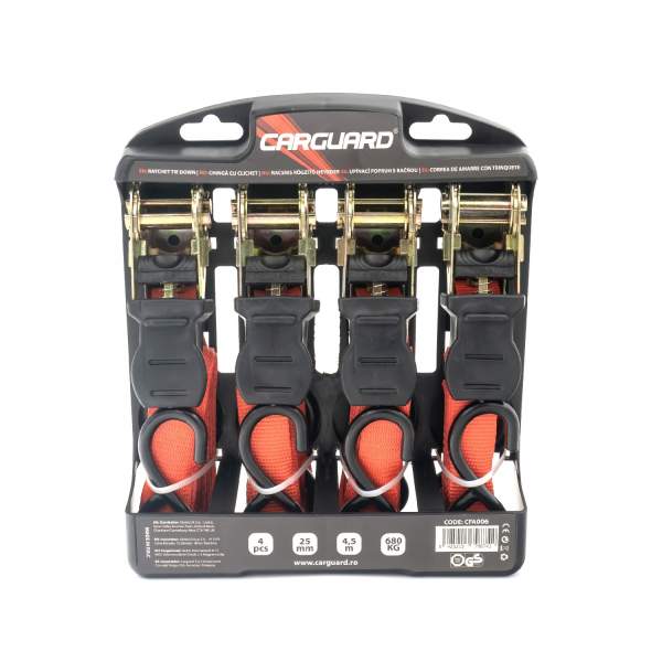 Set 4 chingi cu clichet, rezistent la 680 kg/chingă, TUV/GS – 25 mm × 4.5 m – 680 kg - Carguard - calitate și siguranță garantată!