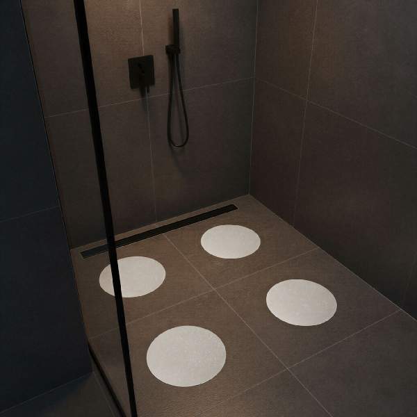 Set 4 stickere antiderapante pentru cadă/duș – model pietricele alb – Ø 19 cm