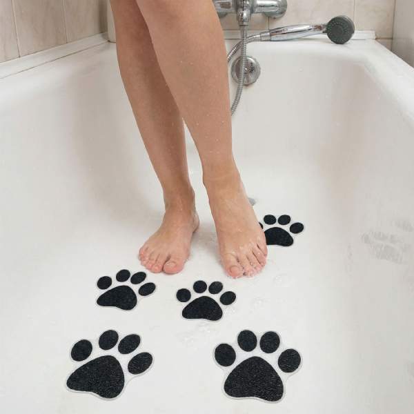 Set 6 stickere antiderapante pentru cadă/duș – model lăbuțe – 10 cm – negru/alb
