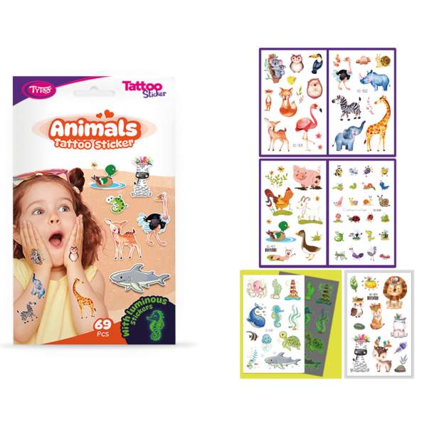 Set autocolante pentru tatuaje cu animale - 69 buc/pachet