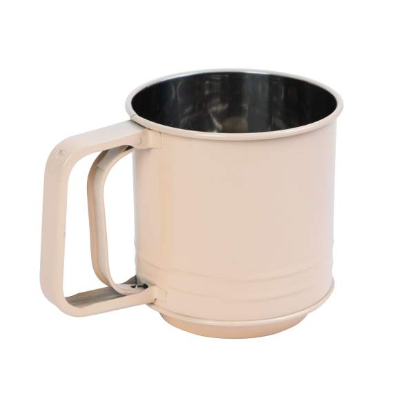 Sită de făină - mâner cu arc - culoare piersică - 15,5 x 10 x 13,2 cm