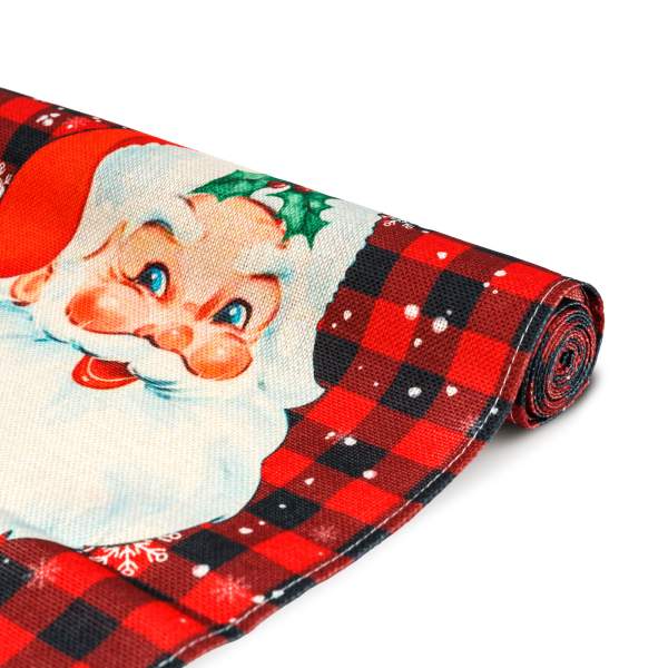 Traversă decorativă de masă – model Moș și inscripție „Merry Christmas” – 183 x 33 cm – roșu/negru – poliester