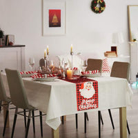 Traversă decorativă de masă – model Moș și inscripție „Merry Christmas” – 183 x 33 cm – roșu/negru – poliester