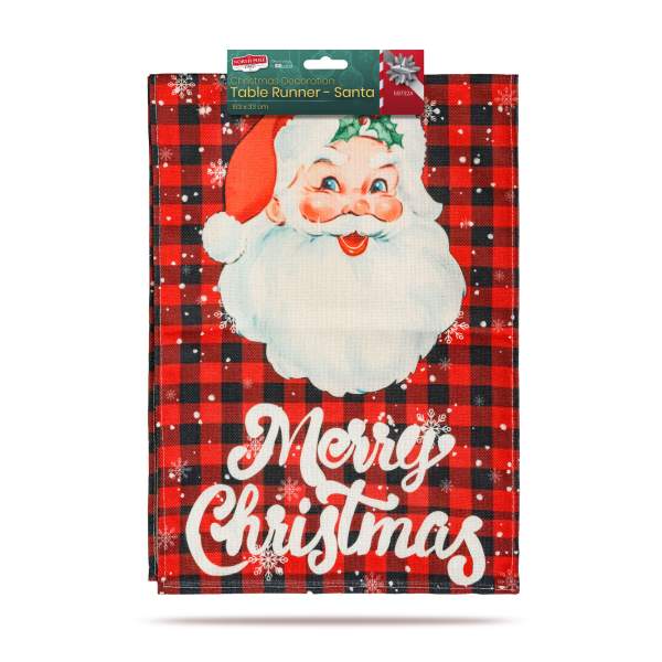 Traversă decorativă de masă – model Moș și inscripție „Merry Christmas” – 183 x 33 cm – roșu/negru – poliester
